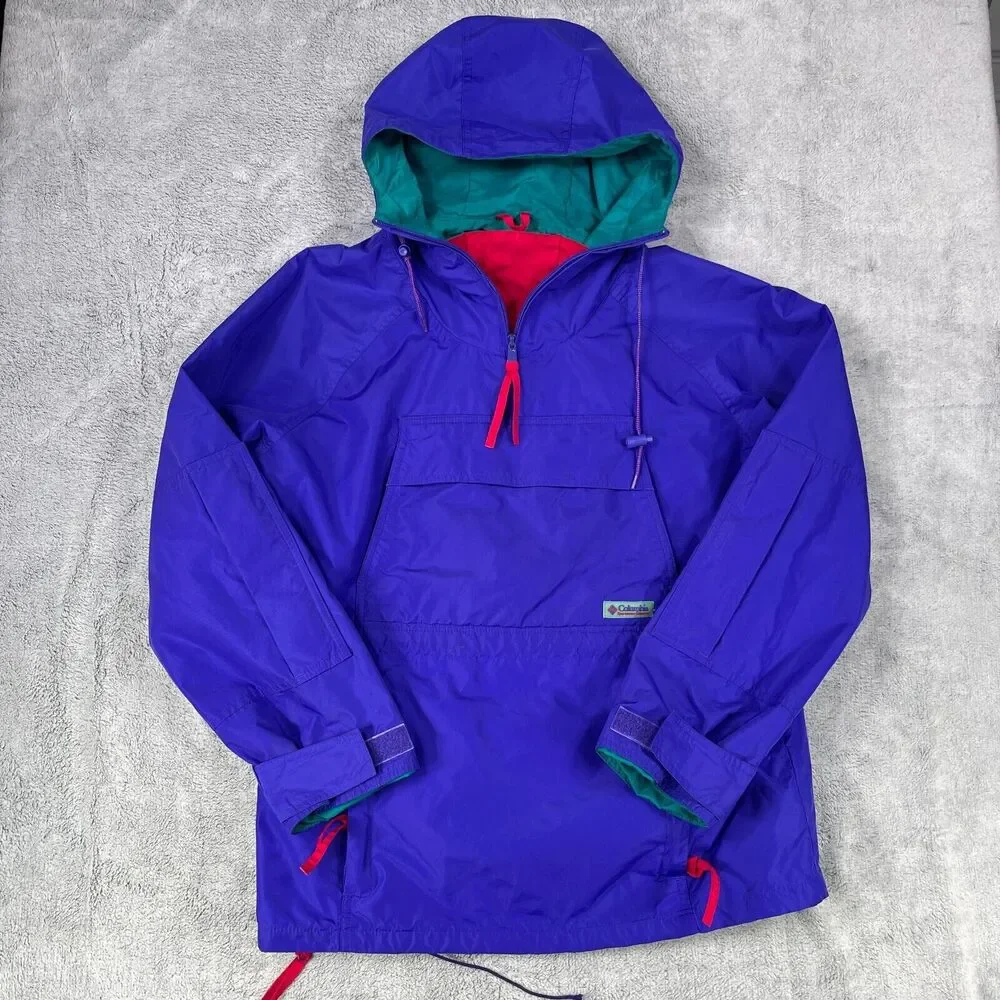 Vtg Columbia Jacket Mens Small Blue Quarter Zip Anorak Y2K Windbreaker Hooded